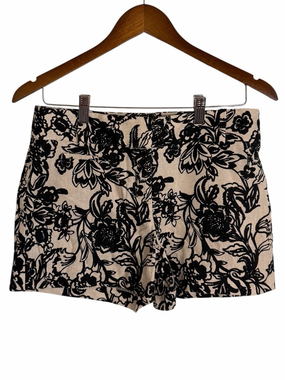 Ann Taylor Loft Cream Black Floral Linen Blend Chino Shorts Women’s Sz 2